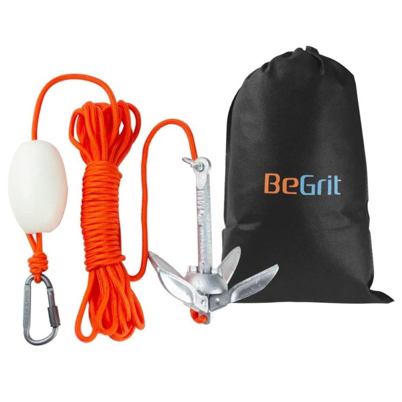 BeGrit مرساة قارب BeGrit بوزن 1.5 رطل - مرساة بحرية قابلة للطي للقوارب الصغيرة للصيد، الكاياك، لوح التجديف، الكانو، جت سكي، مع حبل سحب بطول 32.8 قدم وحقيبة حمل. - Image 1